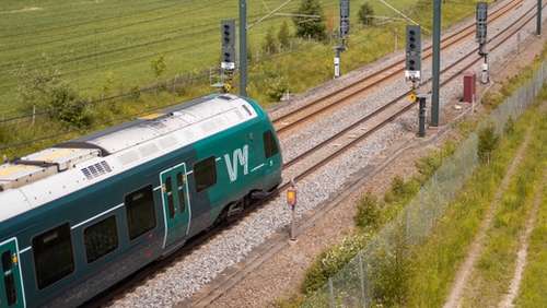 Dron photo of a Flirt train in Eastern Norway