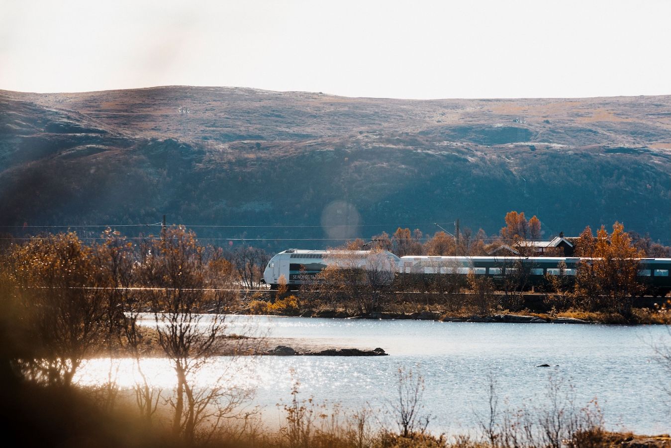 Train driving through autumnal mountain landscape.