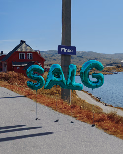 Vann med en vei som går langsmed, fjell og blå himmel i bakgrunnen. Et skilt hvor det står Finse, og Salg skrevet med ballonger.