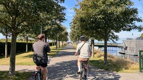 Two men cycling in a park