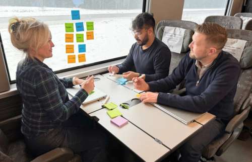Tre personer sitter sammen på toget og jobber med postit-lapper på bordet og vinduet.
