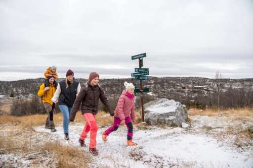Father, mother and three children hiking in the mountains in Geilo.