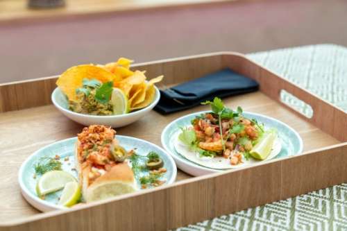 Tray with dishes.
