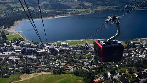 Gondolbanen på Voss svever over byen, med vannet og fjell i bakgrunnen.