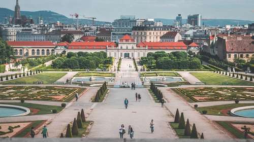 Bilde fra Wien med Belvedere palass i bakgrunnen, og hager og veier i forgrunnen