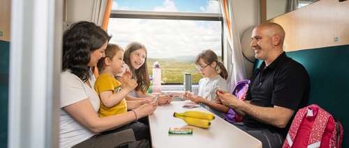 Innsiden av en kupé med en familie to voksne og tre barn som spiller kort ved et bord.