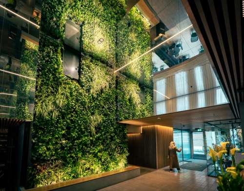 The inside of the lobby of a hotel with a wall of green plants.