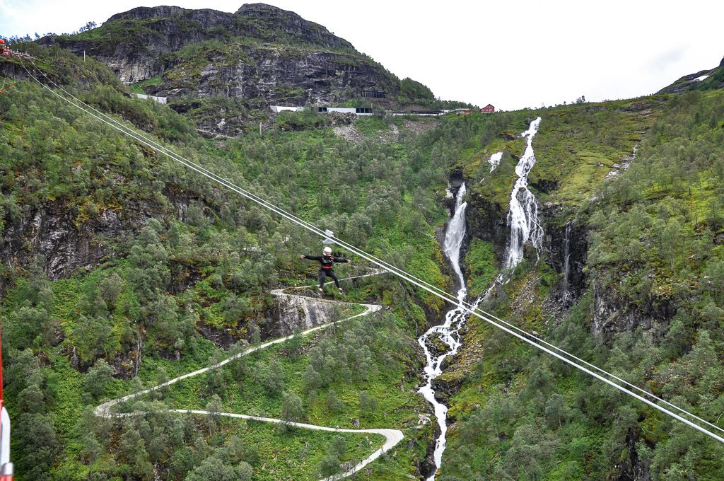 People ziplining over a forest.