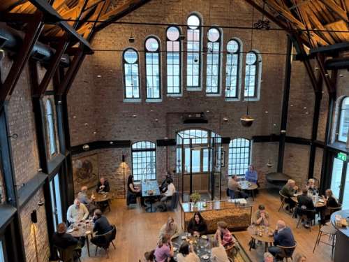 A beautiful venue with guests in good conversation.