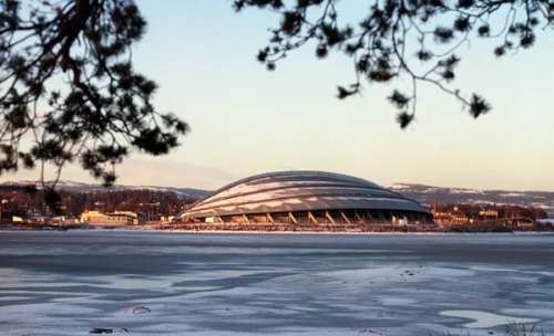 Eksteriør av Hamar Olympiske hall Vikingskipet
