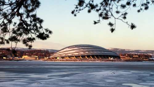 The Hamar Olympic Hall Vikingskipet exterior.
