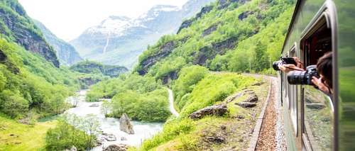 Bilde av grønn natur og fjell, tatt langs side av et grønt tog.