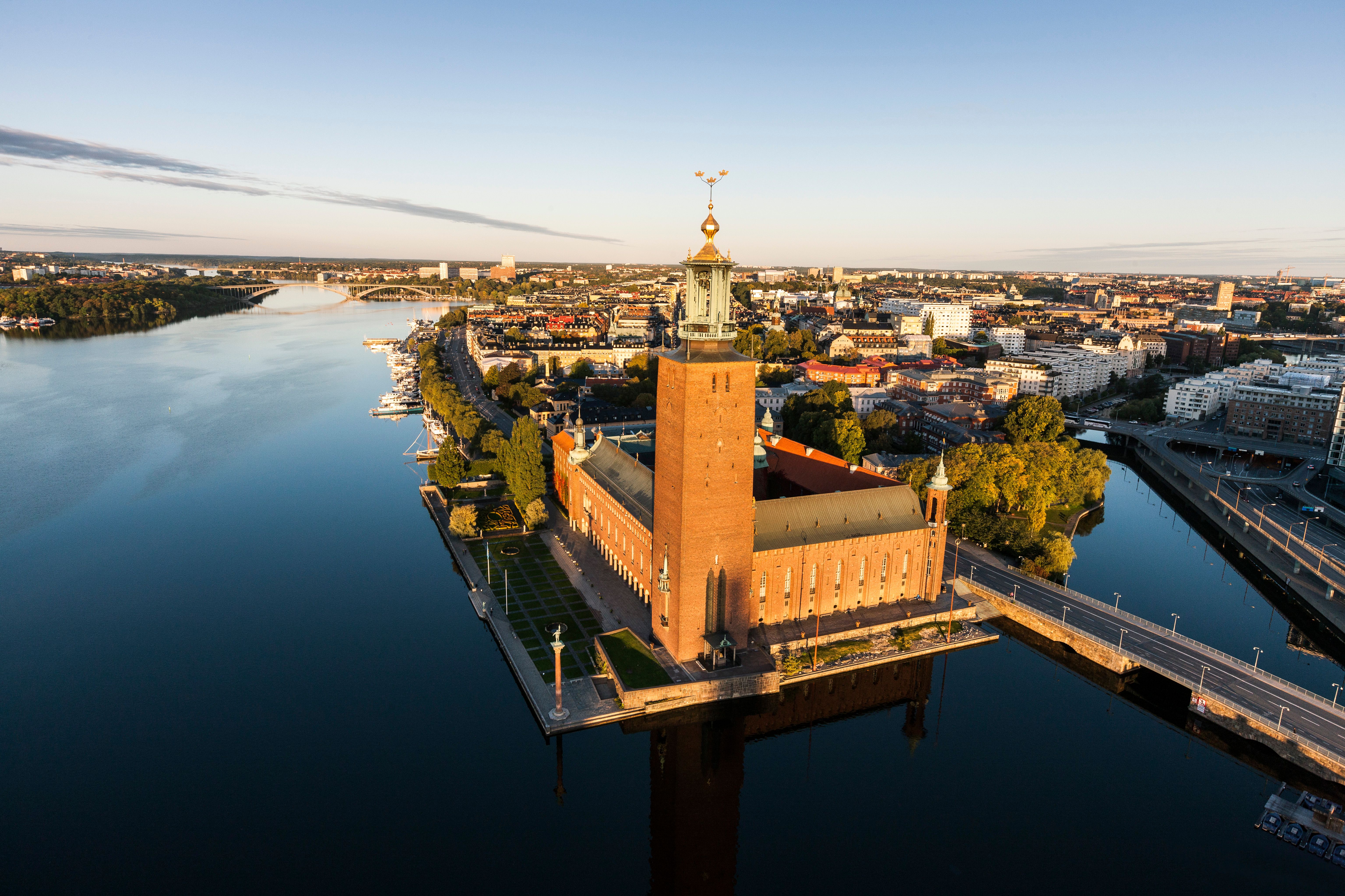 Stockholm and city hall with a view from the city in late summer night