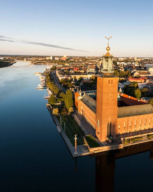 Stockholm and city hall with a view from the city in late summer night